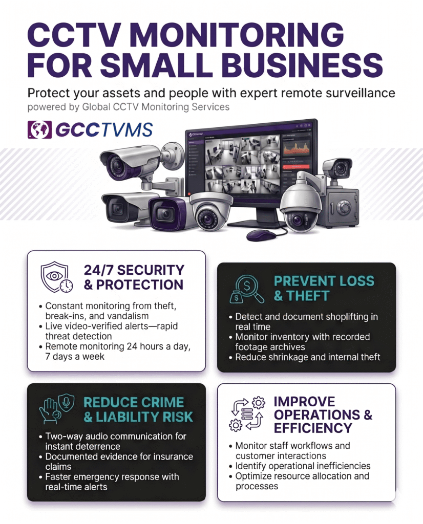 A detailed educational infographic outlining the core benefits of CCTV Monitoring for Small Business, highlighting how video surveillance services and live security camera monitoring actively prevent theft and improve overall small business security.