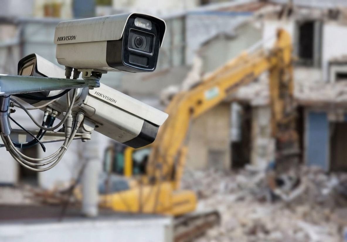 Two heavy-duty outdoor security cameras mounted on a metal bracket overlook an active building area with a yellow excavator, demonstrating the critical need for CCTV monitoring for construction sites to ensure robust construction site security monitoring and proactive video surveillance.