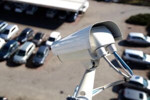 A high-angle, close-up shot of a white outdoor commercial security camera with weatherproof cable fittings overlooking a crowded customer parking lot, illustrating the physical hardware setup required for active CCTV Monitoring for Auto Repair centers.