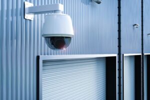 A close-up of a prominent white dome security camera mounted on a corrugated metal wall directly above a row of closed roll-up doors, demonstrating the vital role of CCTV monitoring for storage to ensure comprehensive storage facility security and continuous surveillance monitoring.