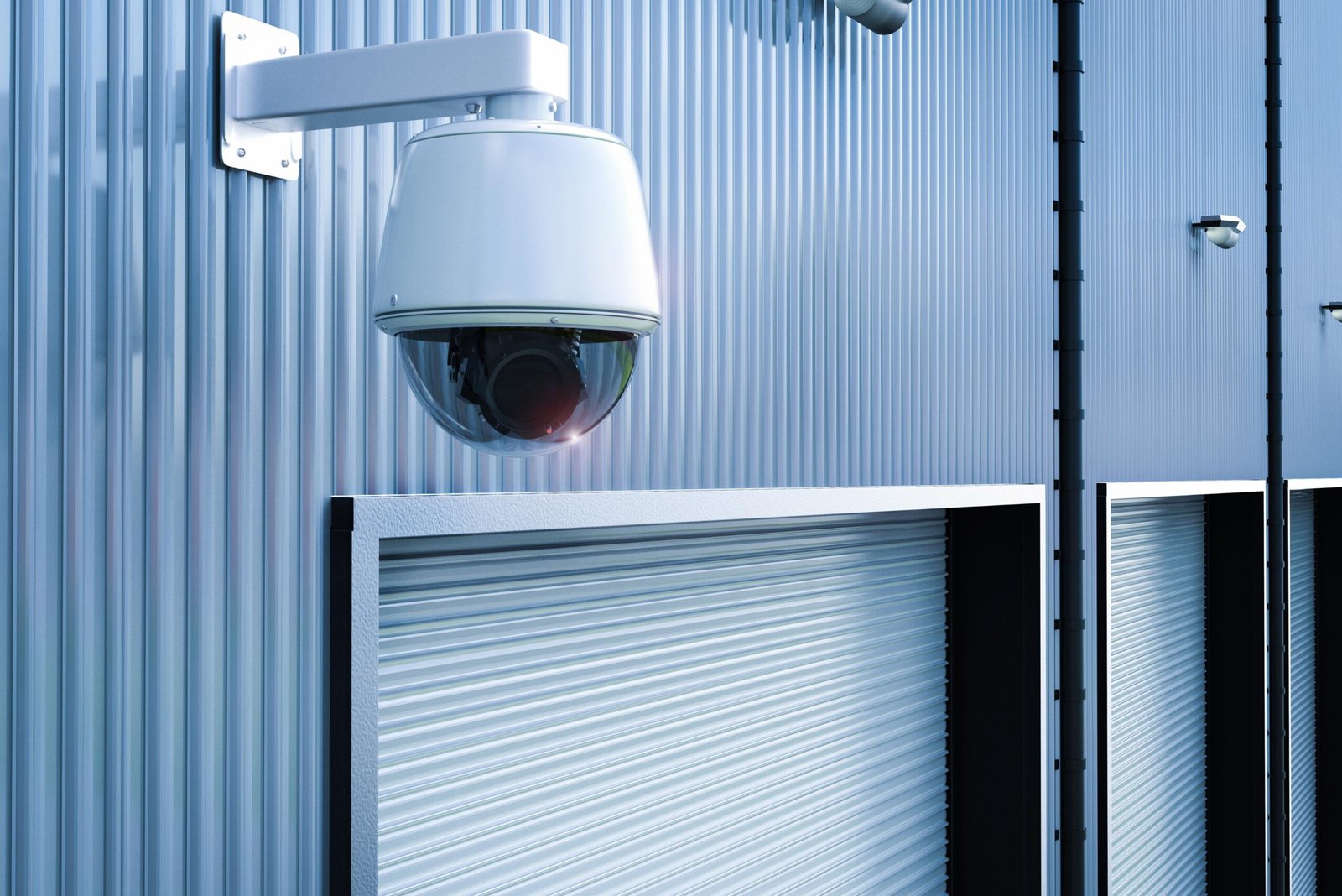 A close-up of a prominent white dome security camera mounted on a corrugated metal wall directly above a row of closed roll-up doors, demonstrating the vital role of CCTV monitoring for storage to ensure comprehensive storage facility security and continuous surveillance monitoring.