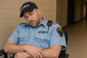 A uniformed male security guard is slumped asleep in an office chair against a brick wall in a hallway, illustrating the problem that arises when Security Guards Sleep on the job and expose property to risk.