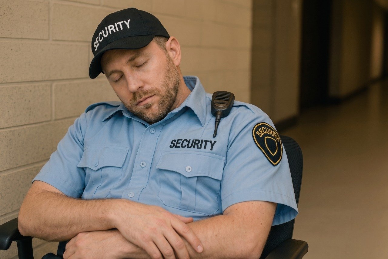 A uniformed male security guard is slumped asleep in an office chair against a brick wall in a hallway, illustrating the problem that arises when Security Guards Sleep on the job and expose property to risk.