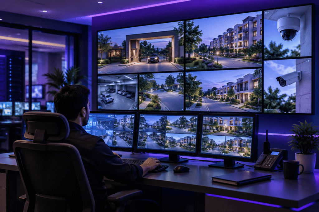 CCTV monitoring services for societies — remote operator reviewing gated community camera feeds
