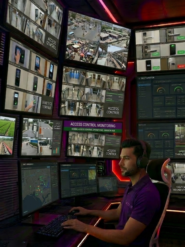 GCCTVMS operator managing live CCTV access control security system with real-time entry verification for a commercial building