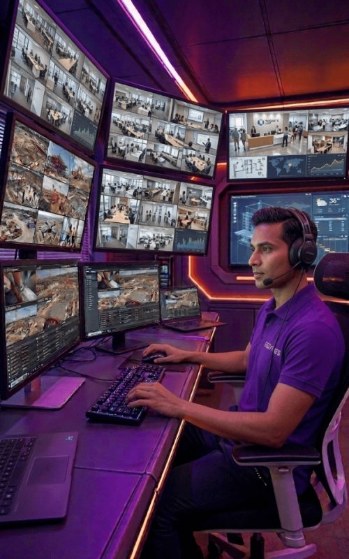 Commercial video surveillance cameras monitoring a business premises entrance and office building for 24/7 security. Remote Video Surveillance