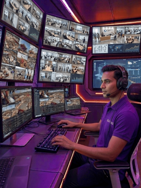 Commercial video surveillance cameras monitoring a business premises entrance and office building for 24/7 security. Remote Video Surveillance