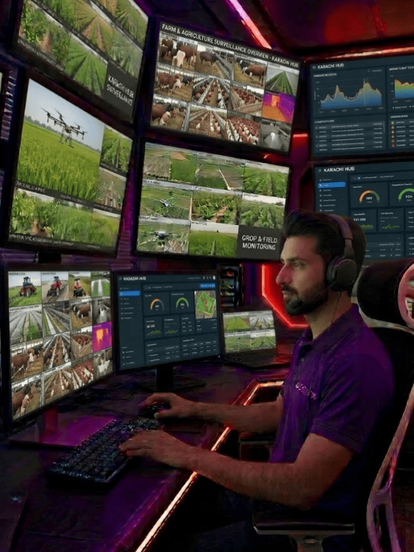 Farm security system with AI-powered agricultural surveillance cameras monitoring machinery barn and crop perimeter on a working farm