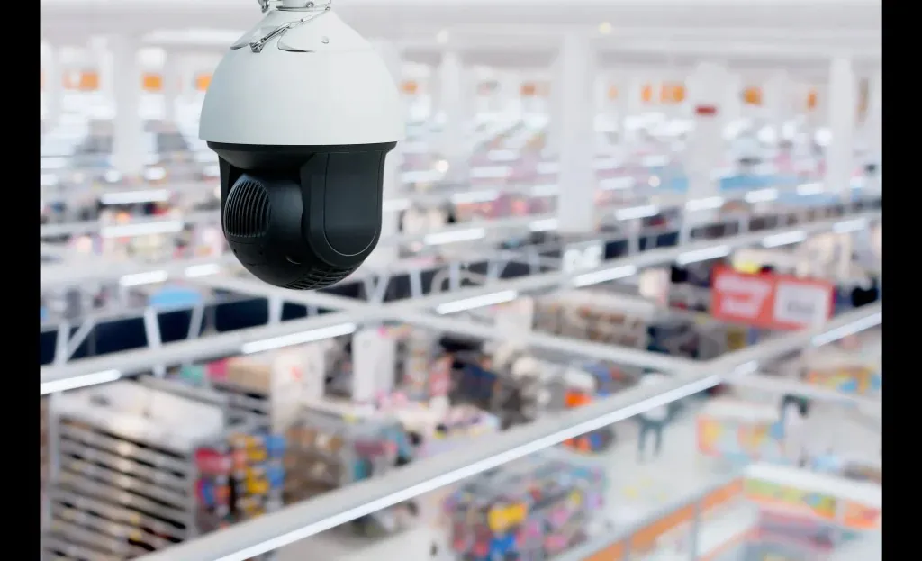 A white and black dome-shaped CCTV camera hangs from the ceiling, overlooking a blurred, expansive retail store or warehouse interior with aisles and products.