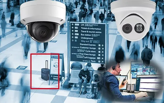 Two dome-shaped CCTV cameras, one in the upper left and one in the upper right, are superimposed over a busy public transport hub with blurred figures. In the lower-left, a red box highlights a piece of luggage. In the lower right, a security operator in a headset monitors multiple screens, demonstrating a comprehensive tailored remote monitoring service.