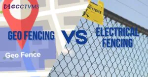A split image comparing "GEO FENCING" on the left, represented by a map with a location pin, and "ELECTRICAL FENCING" on the right, depicted by a security fence, under a blue sky. A "GCCTVMS" logo is in the top left.