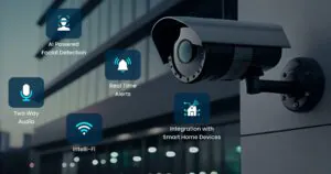 Outdoor security camera with icons showing AI facial detection, real-time alerts, two-way audio, Intelli-Fi, and smart home integration.