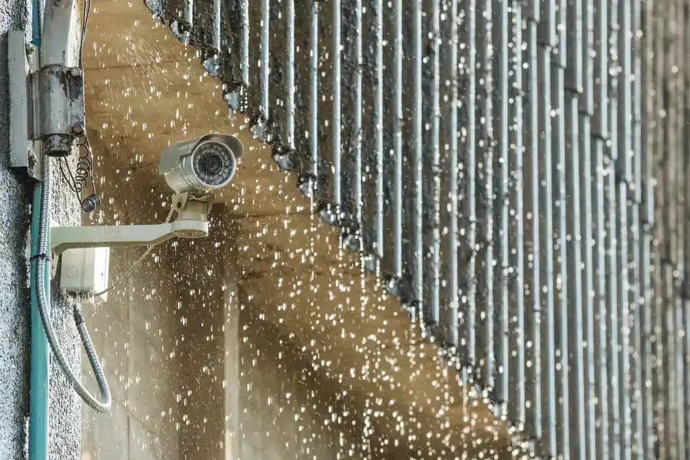Outdoor CCTV camera mounted on a wall, functioning in heavy rain, demonstrating durability and reliability for commercial use.