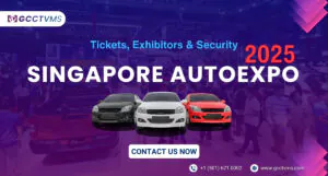 Promotional banner for Singapore AutoExpo 2025 featuring cars and event crowd, highlighting GCCTVMS security services.