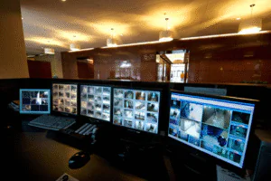 A security control desk with four monitors displays various grids of live CCTV feeds, all with a slight blue tint, set in a modern, well-lit office hallway.