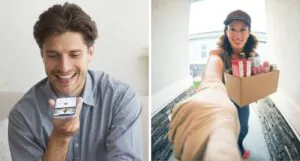 A man using his smartphone to view a live feed of a delivery person at his doorstep, showcasing two-way audio surveillance and remote CCTV monitoring services.