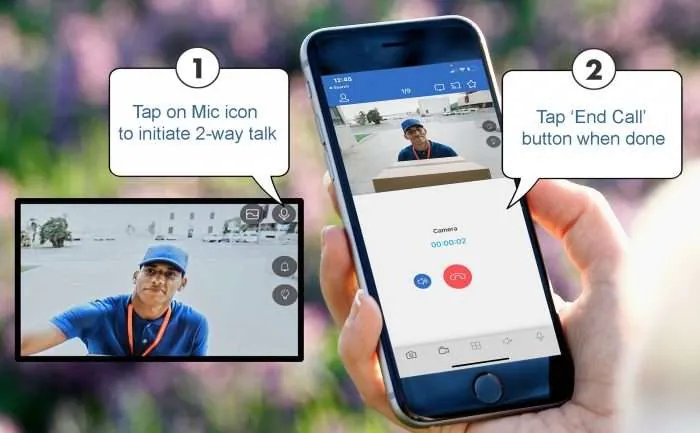 Smartphone screen showing step-by-step instructions for initiating two-way audio communication with a delivery person via live CCTV monitoring.