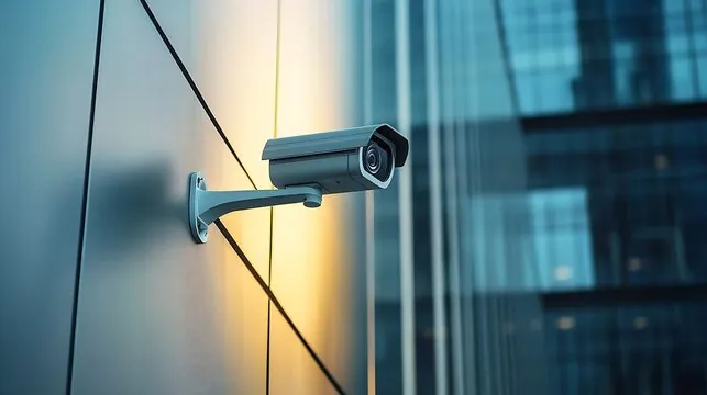 Outdoor bullet-style security camera installed on a glass-paneled building, representing reliable surveillance services and business security.