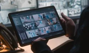 Person holding a tablet displaying multiple live CCTV feeds, showcasing remote monitoring and 24/7 CCTV monitoring services.
