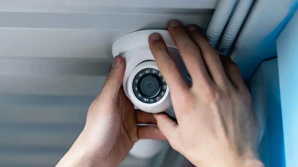 Hands installing a white dome security camera on a ceiling, representing professional CCTV monitoring setup.