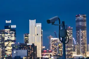 Security camera mounted on a pole at dusk with illuminated skyscrapers in the background, representing 24/7 Live CCTV Monitoring Services in the USA.