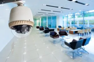 Indoor dome security camera mounted on the ceiling in a corporate building, providing 24/7 surveillance. High-resolution dome camera installed in a modern office lobby for professional security monitoring.