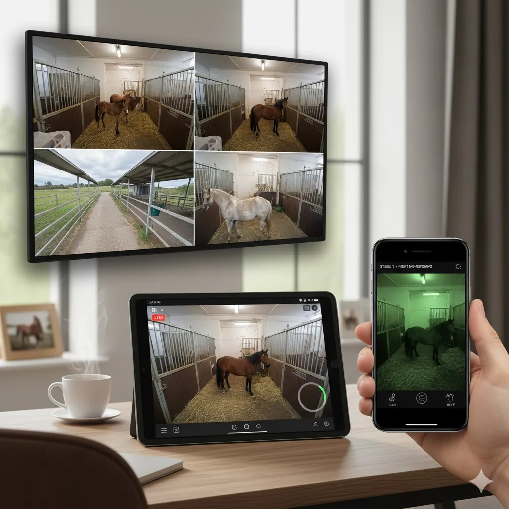 Brown and white horses peeking from stable doors, representing the need for dedicated Horse Care Surveillance in equestrian facilities.
