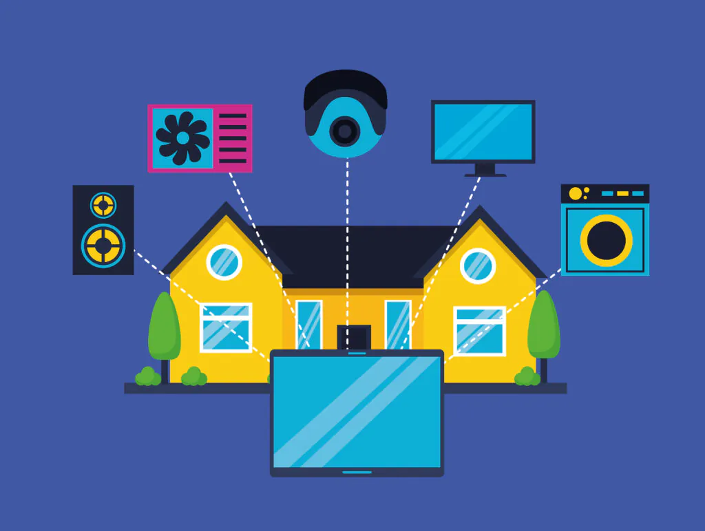 A cartoon illustration of a yellow house with various connected smart devices, including a central CCTV monitoring camera, a speaker, fan, monitor, and tablet, representing integrated home CCTV security.