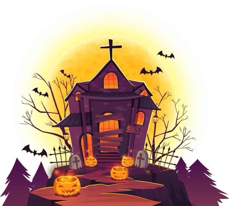 A cartoon illustration of a haunted house under a full moon, with bats, gravestones, and glowing pumpkins, highlighting a property that could use GCCTVMS for home security.