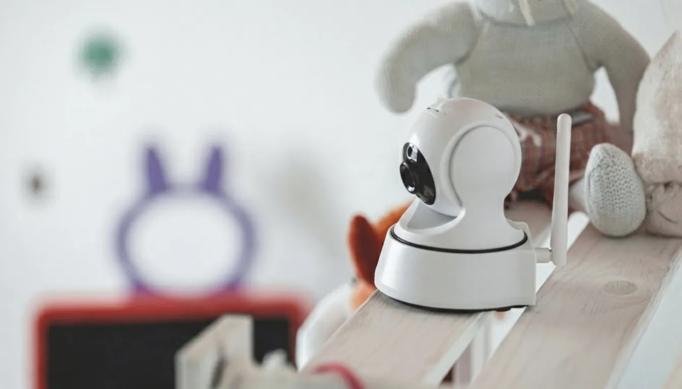A small, dome-shaped white indoor camera (Nanny Cams Services) on a shelf in a nursery setting with stuffed animals in the background, illustrating discreet home surveillance for families.
