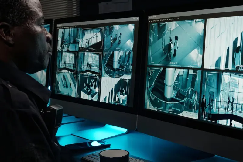 A montage of images showing a high-mounted outdoor security dome, multiple operators performing remote cctv monitoring on multi-screen walls, and indoor warehouse camera systems, all representing professional cctv monitoring services.