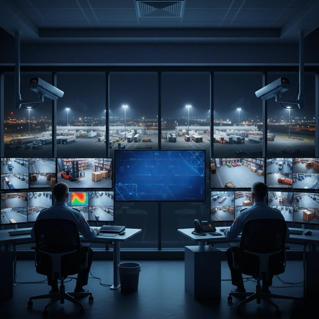 24/7 Centralized Logistics CCTV Monitoring Control Room – Real-Time Surveillance of Warehouse, Yard, and Cargo Operations