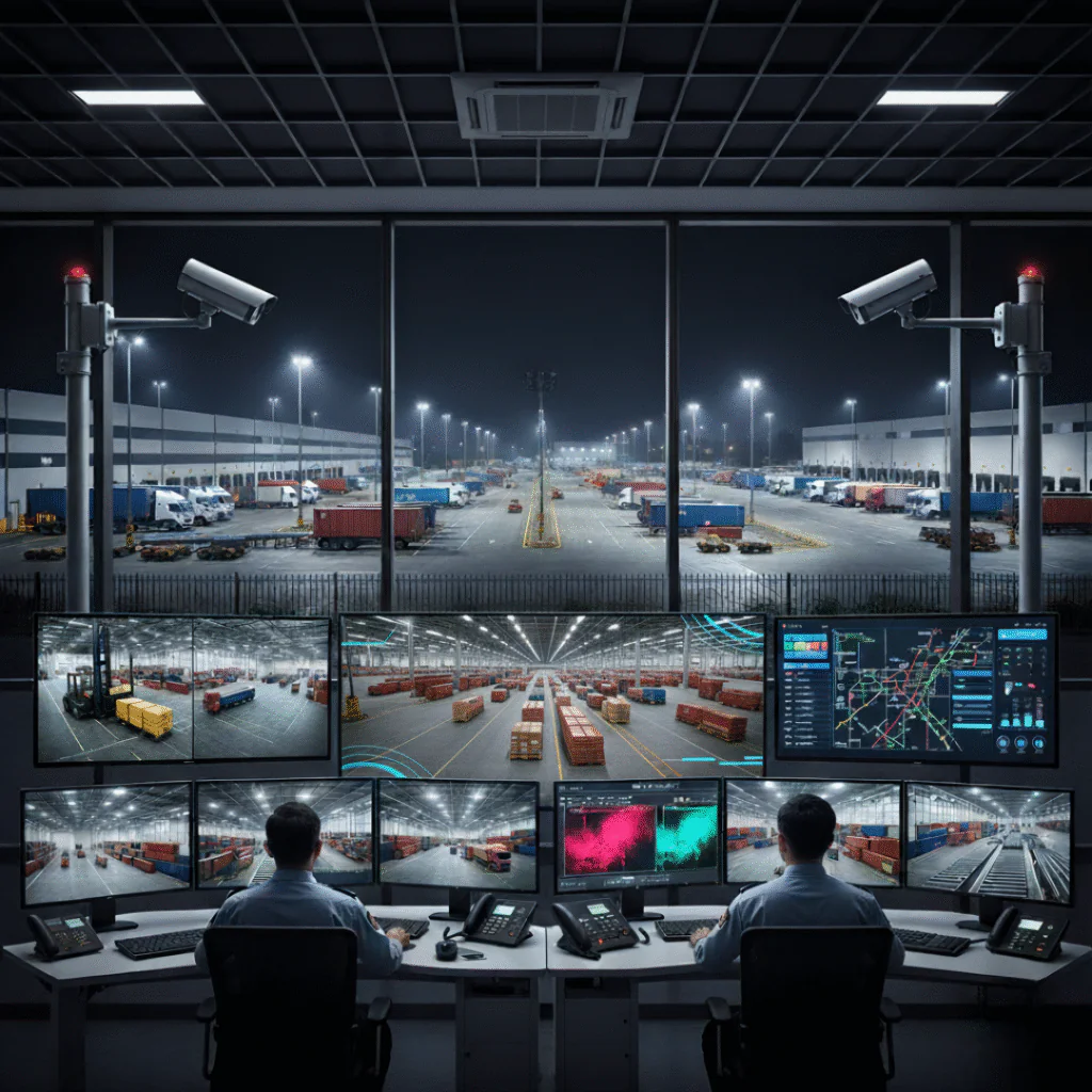 Nighttime Logistics Control Room with Dual Operators Monitoring Live CCTV Feeds Across Warehouse, Yard, and Thermal Imaging Screens