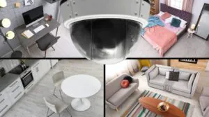 A collage showing four rooms (office, bedroom, kitchen, living room) centered around an overlay of a dome-style security camera. This illustrates the widespread use of nanny cams for homes.