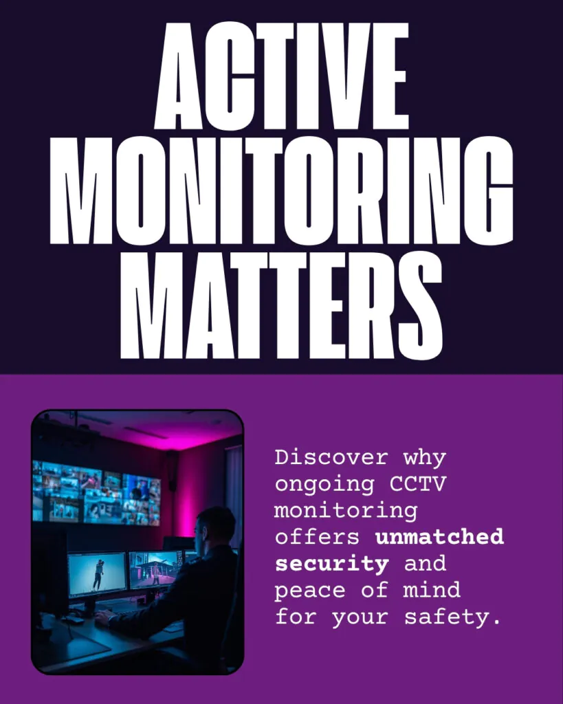 Professional security team monitoring multiple CCTV camera feeds showing active surveillance of Malaysian commercial property with real-time threat detection