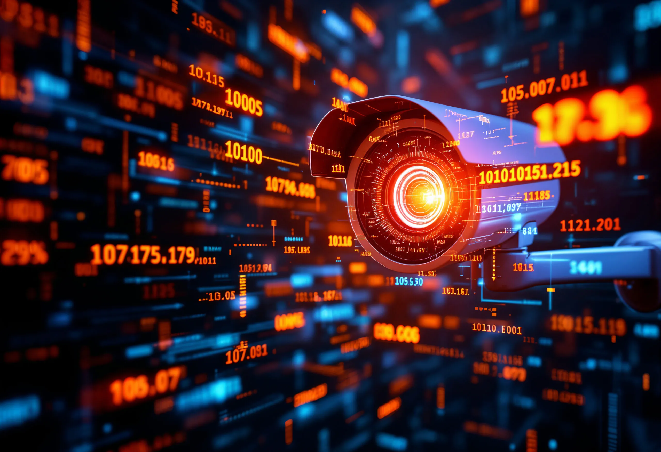 A futuristic, digital-style image of a surveillance camera surrounded by glowing red and blue binary code and numerical data, representing high-tech CCTV monitoring and digital security analysis.
