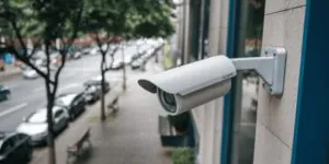 A white bullet-style security camera mounted on the side of a building, overlooking a street with parked cars and trees, illustrating widespread CCTV Monitoring for urban environments.