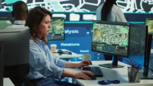 A female employee in a security room working at a computer with multiple monitors displaying a satellite map and data analysis, representing sophisticated CCTV Monitoring and Remote CCTV Monitoring Services.