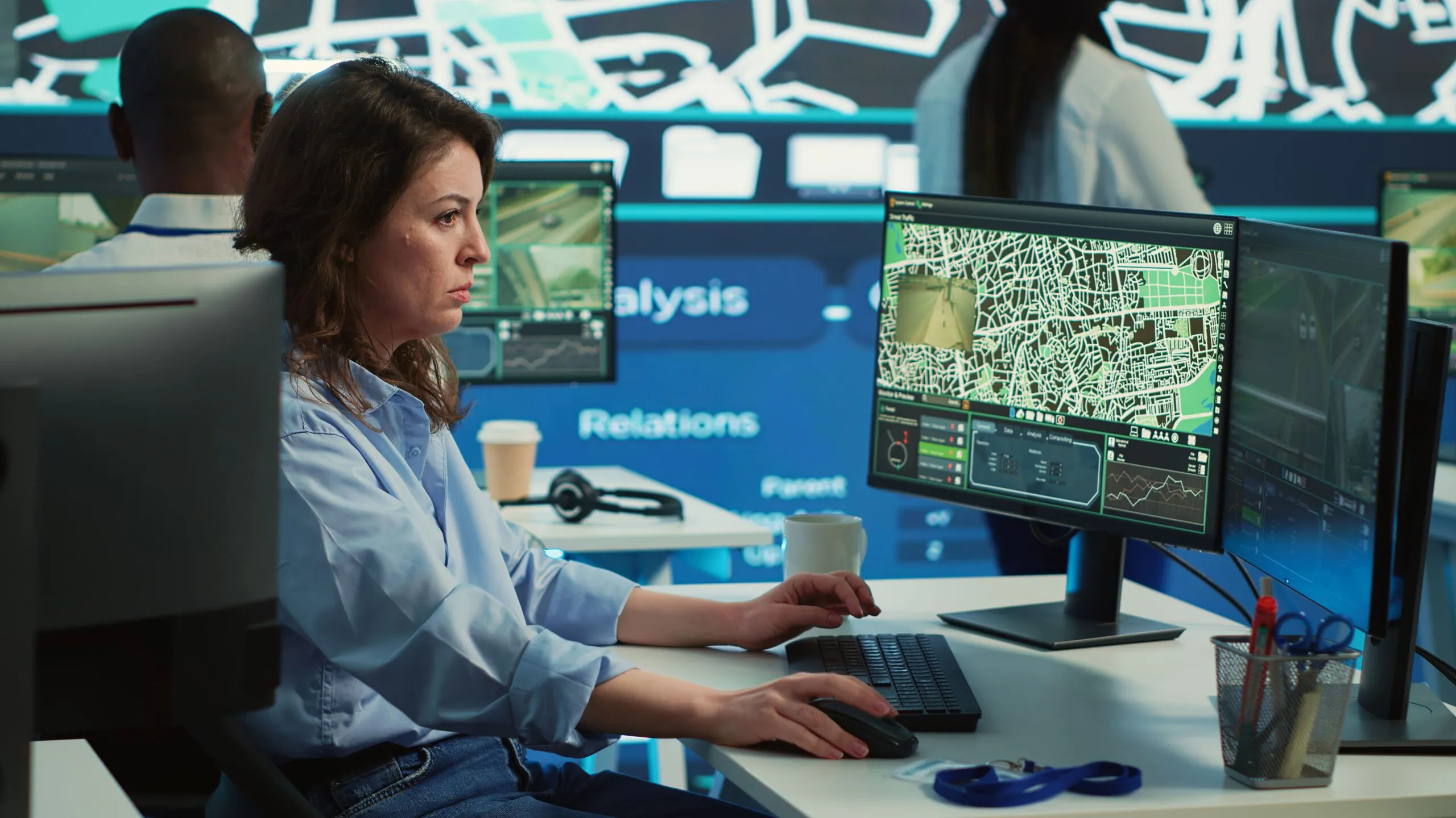 A female employee in a security room working at a computer with multiple monitors displaying a satellite map and data analysis, representing sophisticated CCTV Monitoring and Remote CCTV Monitoring Services.