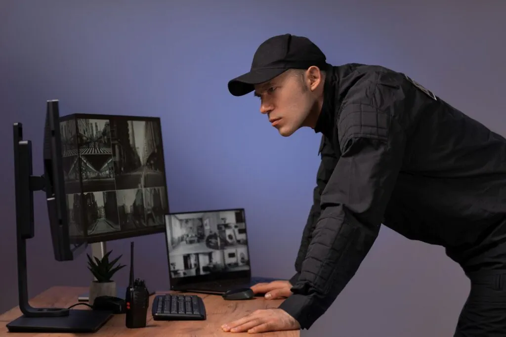 A collage of images illustrating a comprehensive security system, including warehouse access control, remote monitoring control rooms, indoor/outdoor surveillance cameras, and a mobile viewing app, all representing Affordable cctv monitoring solutions.