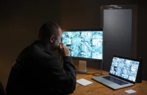 A collage of images depicting comprehensive security: a focused operator performing Affordable cctv monitoring in a control room, high-definition cameras in a warehouse, mobile surveillance views, and access control systems, showcasing cost-effective security solutions.