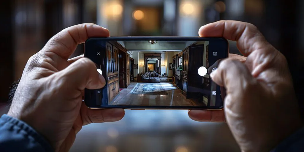 Hands holding a smartphone horizontally, displaying a well-furnished interior room on the screen, symbolizing mobile video surveillance and remote monitoring capabilities.