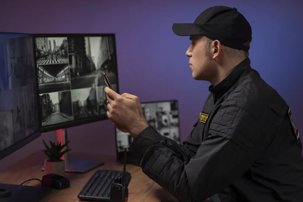 A security guard of Global CCTV Monitoring Services in uniform in a low-light control room, checking his phone while surrounded by monitors displaying various CCTV Surveillance feeds, indicating active CCTV Monitoring operations.