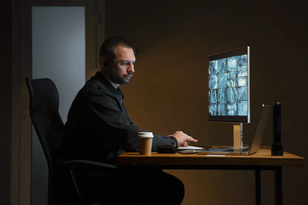 A man with a beard, wearing a dark shirt, sitting in a dimly lit room in front of a monitor displaying a grid of security camera feeds, illustrating focused CCTV monitoring work.