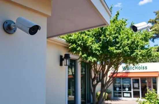 Two white security cameras, one mounted on a wall and one on the roofline, overseeing the entrance to a small business, representing multi-point Video Surveillance coverage.