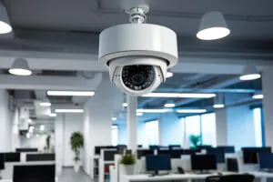 A close-up view of a white dome-style CCTV camera mounted on the ceiling of a bright, modern office with rows of desks and computer monitors. This type of advanced system is typically installed by top surveillance providers.