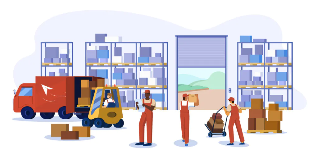 Cartoon illustration of warehouse workers loading a truck with a forklift. Two-way audio improves logistics safety.