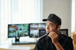 Security guard in uniform with a headset looking away from the camera, representing Remote CCTV Monitoring Services.