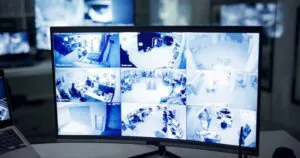 A large computer screen displaying a grid of nine black-and-white surveillance feeds from various areas of an office, illustrating the central control offered by a CCTV Monitoring Service.