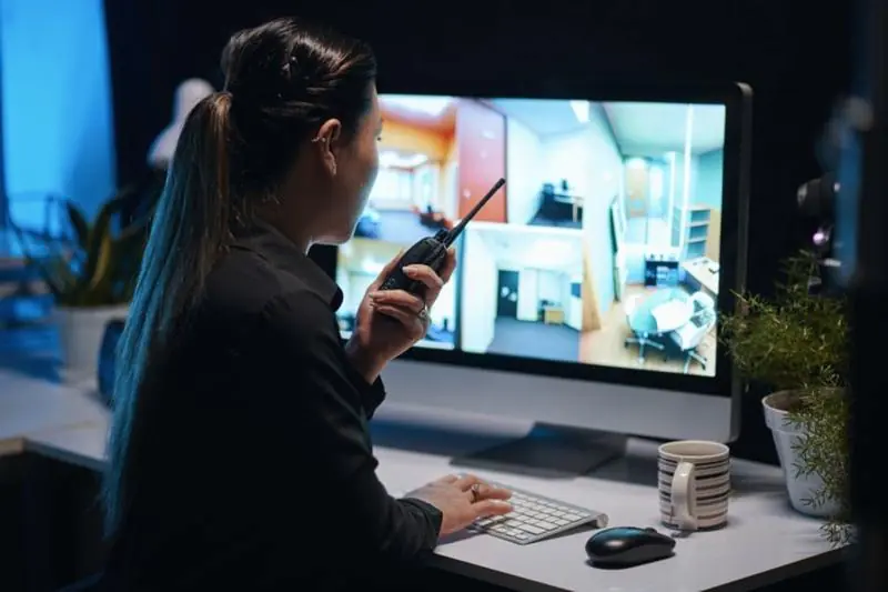 A close-up of a focused female security operator wearing a collared shirt and holding a two-way radio to her mouth, with multiple security monitor screens visible in the blurred background. This illustrates active surveillance services.